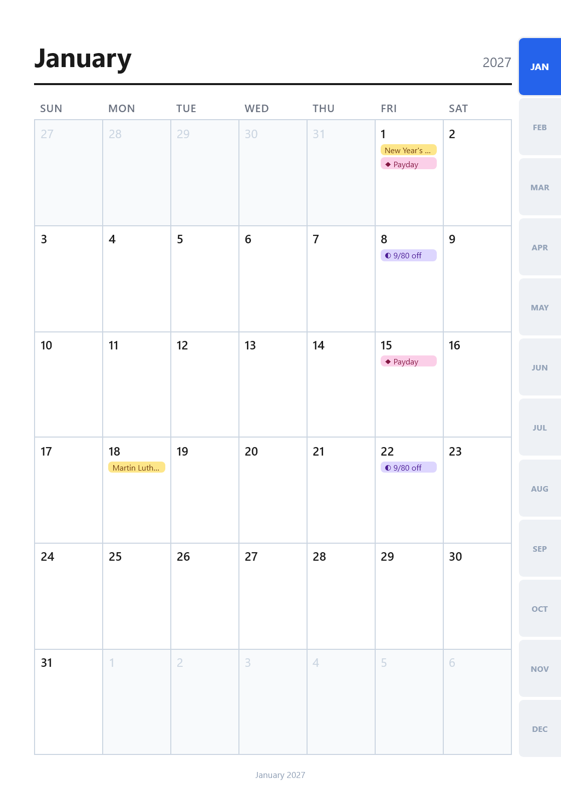 Tabbed monthly sections